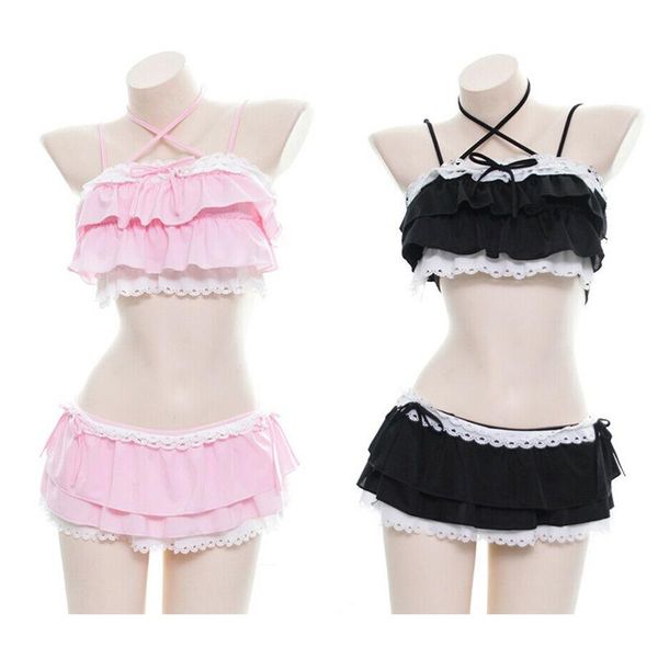 Badebekleidung süße Mädchen Lolita Ruffle Bikini Sukumizu Cosplay Pink und Schwarz Farbe Badeanzug ausgehöhlten Mehrschicht Hem Biquini Frauen Badebekleidung