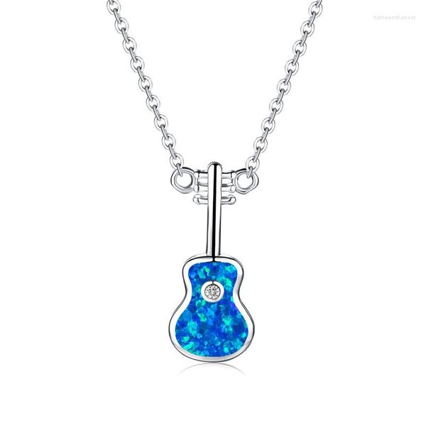 Anhänger Halsketten Niedliche weibliche Musik Gitarre Halskette Weiß Blau Opal Stein Rose Gold Silber Farbe Kette Für Frauen Trendy