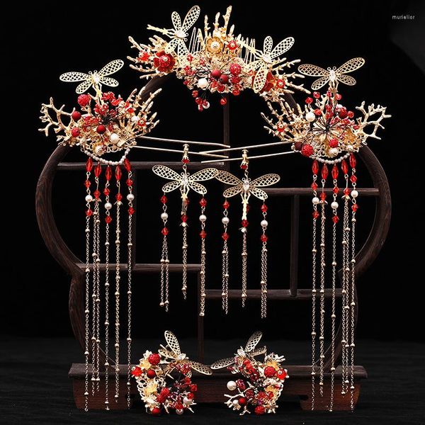 Halskette Ohrringe Set rot chinesische klassische Braut Hochzeit lange Ketten Hanfu Tiara Krone Haarschmuck Phoenix Haarnadelkämme