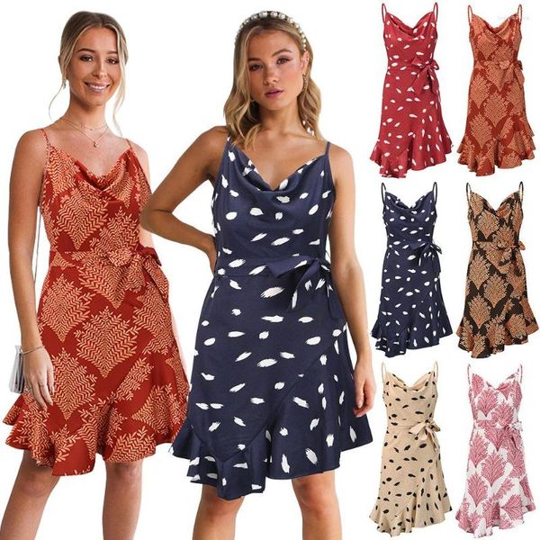 Abiti casual Moda Bohemian Stampa floreale Mini abito Donna Scollo a V Summer Beach Tunica TDress Senza maniche A-line Cintura auto