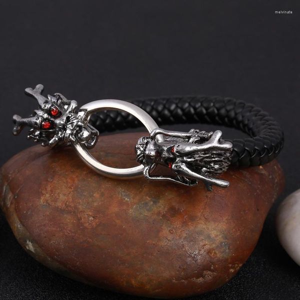 Strang Punk Kubanische Kette Männer Lederarmband Schädel Drache Tier Edelstahl Versilbert Armbänder Neutral Handgewebter Schmuck