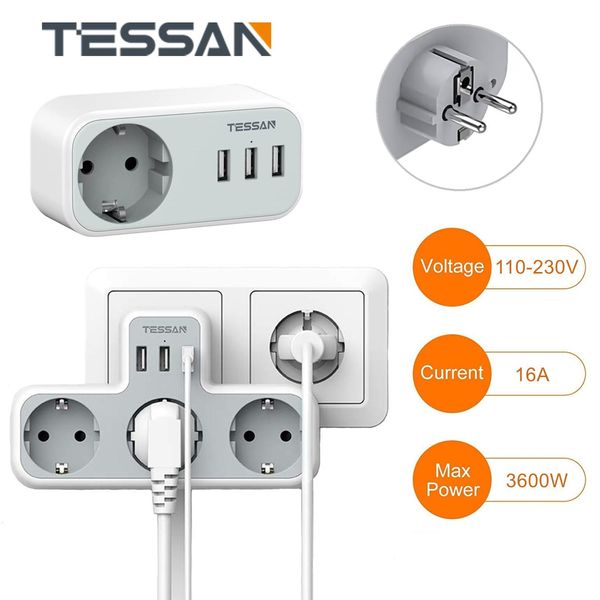 Адаптеры Tessan Maily Socket Eu Pire Power с 3 розетками EU и 3 USB -портами стены USB -гнездо