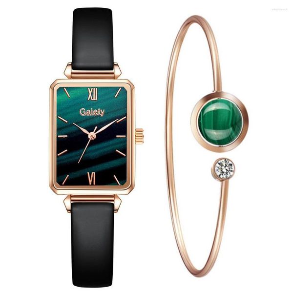 Principais relógios de pulso Top Women Women Watches Fashion Square Ladies Quartz Watch Bracelet Set Dial Green Green Rose Gold Seath Leatra