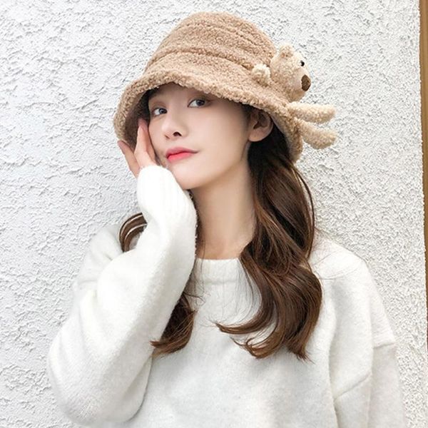 Berets Frauen Winter Flauschigen Plüsch Warme Eimer Hut Nette 3D Gefüllte Teddybär Breite Krempe Harajuku Outdoor Panama Fischer Kappe