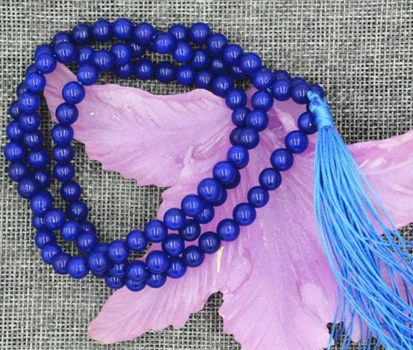 Catene Natural 6MM Blue Sapphire Jade 108 Collana con bracciale Mala per preghiera buddista