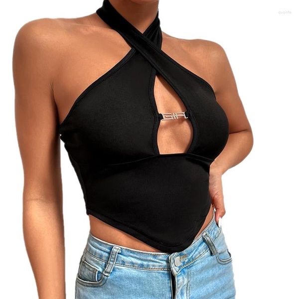 Canotte da donna Black Cut Out Halter Crop Top Y2K Abbigliamento Corsetto Fibbia in metallo Donna Estate High Street Streetwear Backless Night Clubwear