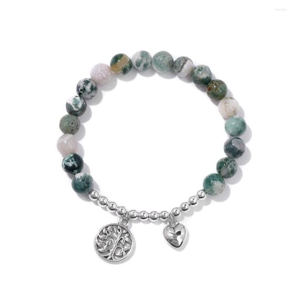 Strang Baum des Lebens Armband grüne Achate Silber Farbe Perlen Armbänder für Frauen Männer Herz Charm Armreifen Yoga Meditation Schmuck