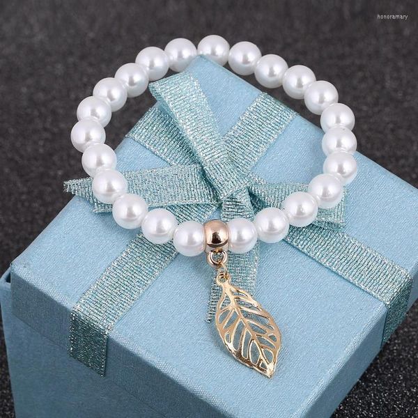 Bracelets de charme Lovely Pearl Badyed Chain Bracelet for Girls Hollow Leave Design Small pendente resiliente