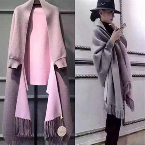 Ms Autunno inverno doppia mantella sciarpa doppio uso spessa lunga con maniche imitazione cashmere cappotto intero184R