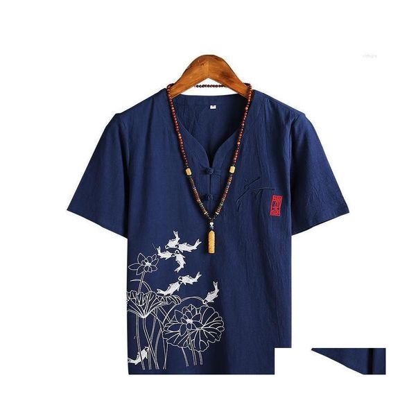 Erkekler Sıradan Gömlek Erkekler Erkekler Baskı Kısa Kollu Tshirts Pamuklu Çin tarzı Salon Giyim Ceketi Mandarin Yakası Gömlek Yaz Evi Clo Dhohc