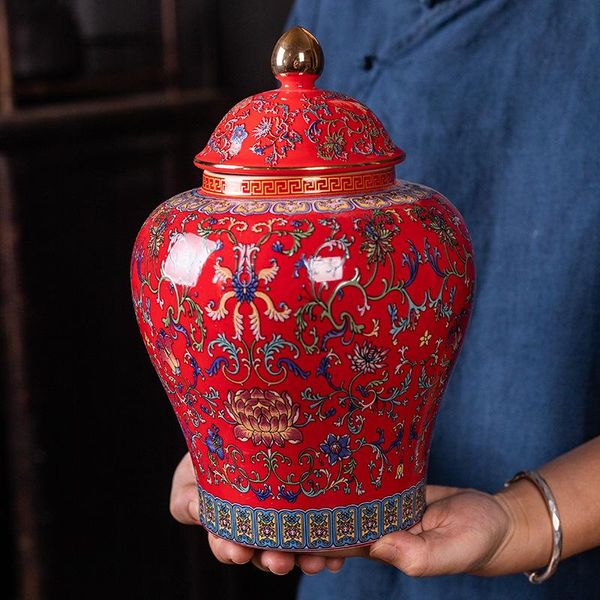 Teaware moderno vermelho pintado flor potes de armazenamento cerâmica grande capacidade selado latas chá dourado porcelana artesanato potes doces decoração para casa