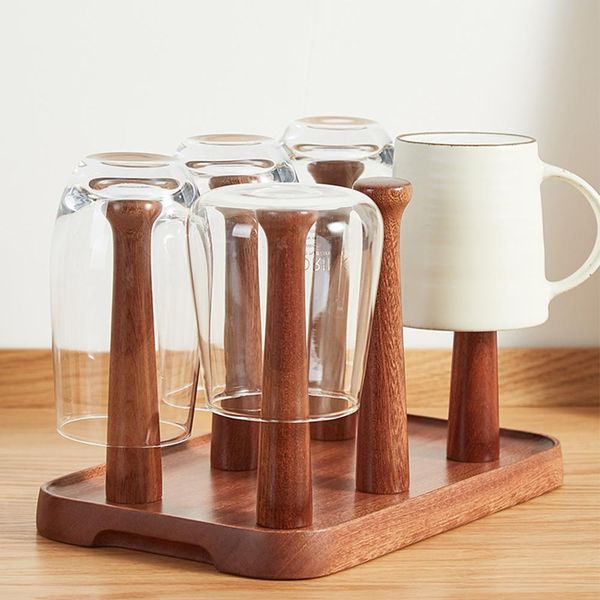 Ferramentas 1pc copo de madeira dreno rack cozinha suporte de chá organizador prateleira de secagem de madeira sólida caneca de café exibição suporte doméstico escorredor