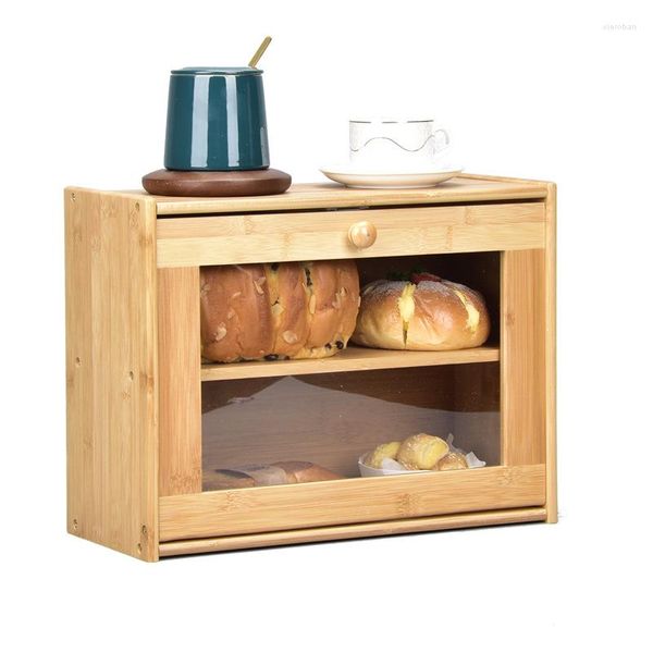 Garrafas de armazenamento Caixa de pão de bambu para bancada de cozinha Bin de camada dupla com janelas Rustic Farmhouse Auto-montagem