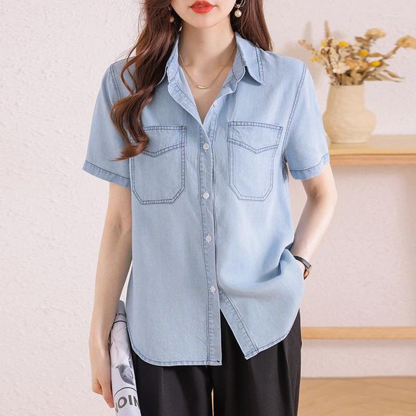 Blouses feminina Mulheres Blusa de jeans vintage Blows de manga curta de Jean Shirts Ladies High Street Loose Tops elegantes