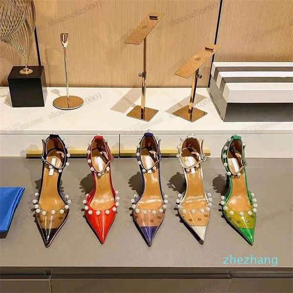 scarpe eleganti 2023 moda donna perline tacchi alti sfera di cristallo scarpe di cristallo in pelle sandali con tacco aquazzuras tendenza matrimonio designer