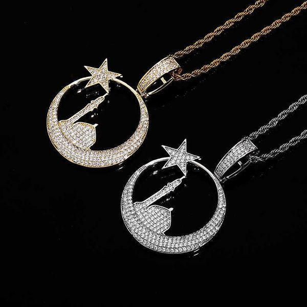 Popolare pentagramma faro zircone collana pendente hip-hop gioielli moda uomo collane hip-hop oro bianco 14k ghiacciato cristallo di rocca collier gioielli rapper