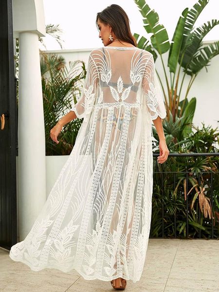 Cover-Up Teelynn Sexy See Through Kimono Robe Women Женщины Lace Blouses Vintage Emelcodery Beach Bikini Crest Up Boho White Summer Vestidos 2021