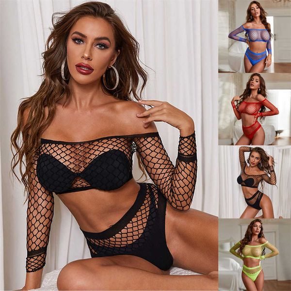 Bikini Air Bra Mutandine Donna New Sexy Perizoma a vita bassaSensual Lingerie erotica Donna See Through Fishnet Underwear Set Hollow Out Top manica lunga Slip 2 pezzi