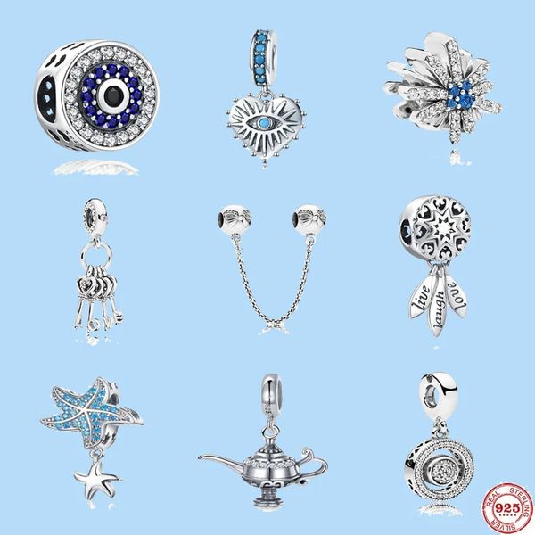 Ciondoli in argento sterling 925 per perline di gioielli Pandora Dangle New Blue Snowflake Starfish Teapot Bow Safety fine