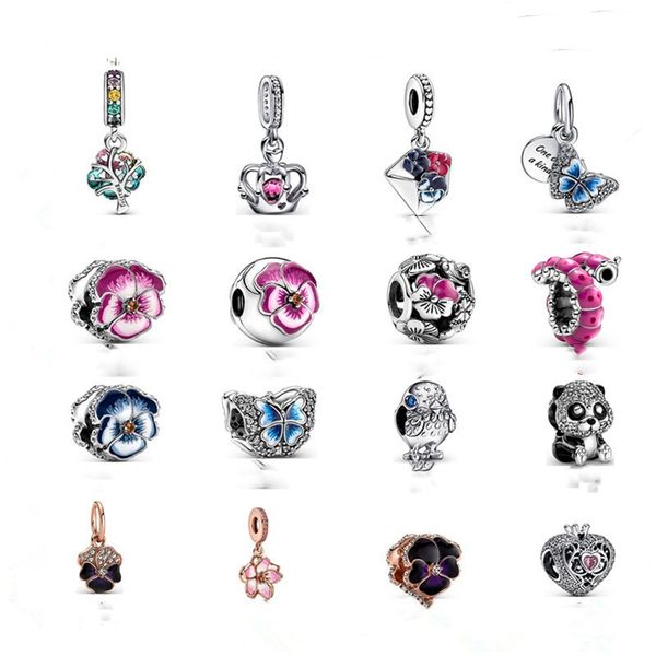 925 Sterling Silver Dangle Charm Charme do Dia das Mães Tri Viola Colorido Envelope Caterpillar Panda Butterfly Crown Fit Fit Pandora Charms Bracelet