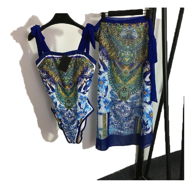 23SS New Summer Womens Bikini Set Vintage Print Strap One Piece Costumi da bagno Conservatore Flesh Shield Beach Skirt Designers Abito sexy da donna TAGLIA S-XL