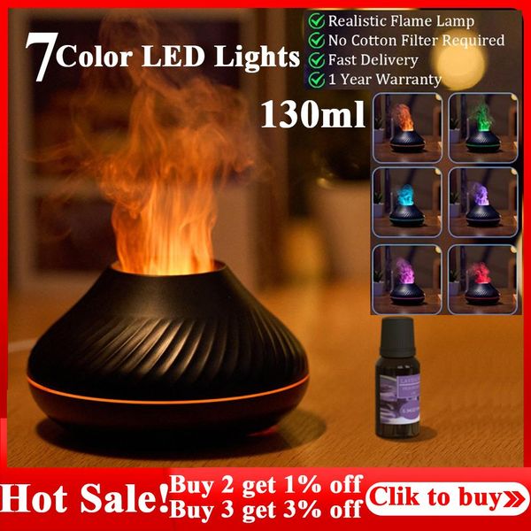 Appliances 130 ml Vulkanflamme Aromadiffusor Ätherische Öllampe USB-Simulationsluftbefeuchter mit farbigem Nachtlichtduft für Zuhause