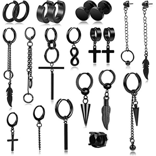 Brincos de garanhão 21 PCs Aço inoxidável Homens de aço Huggie Huggie Conjunto preto Cool Goth Punk Barbell cricóide Dangle