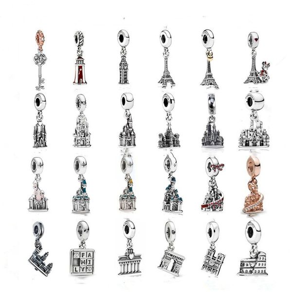 925 STERLING SLATER Dangle Charm Castelo de desenhos animados Eiffel Tower Fit Fit Pandora Charms Bracelet Diy Acessórios