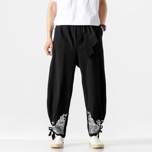 Calça masculina harém casual masculino vestidos de linho de algodão japonês calça de streetwear preto masculino Hip Hop 2023 S-5xl