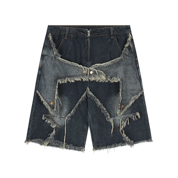 High Street gewaschene Vintage-Patchwork-Jeans-Shorts für Herren, gerade, weites Bein, Baggy, lässige Sommer-Jeans, knielang