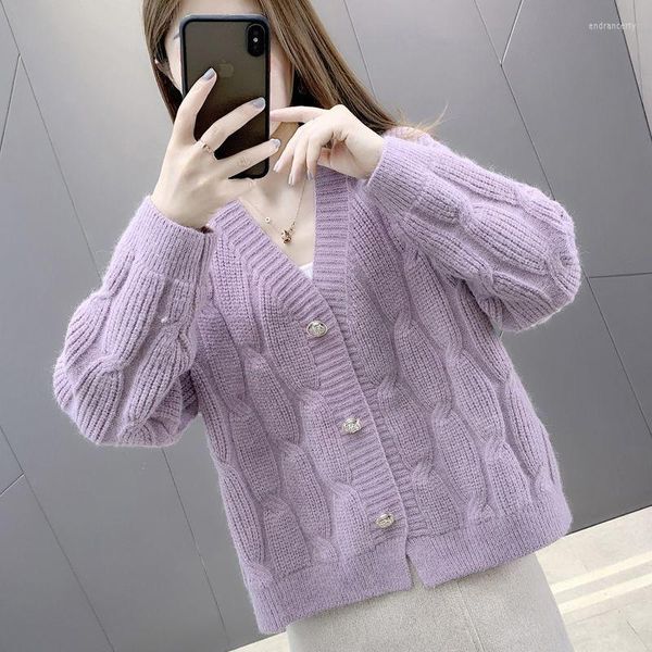 Damen Strick Lila Blumen Lässig V-Ausschnitt Knopf Einfach gestrickt Damen Pullover Strickjacke Mantel Herbst Top Mädchen Tuch Kleidung Lose