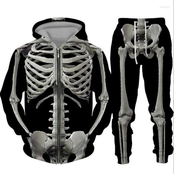 Tute da uomo Skull Skeleton Stampa 3D Felpa con cappuccio da uomo Tuta casual Giacche con cerniera calda Pantaloni della tuta Abbigliamento sportivo Set da due pezzi Uomo