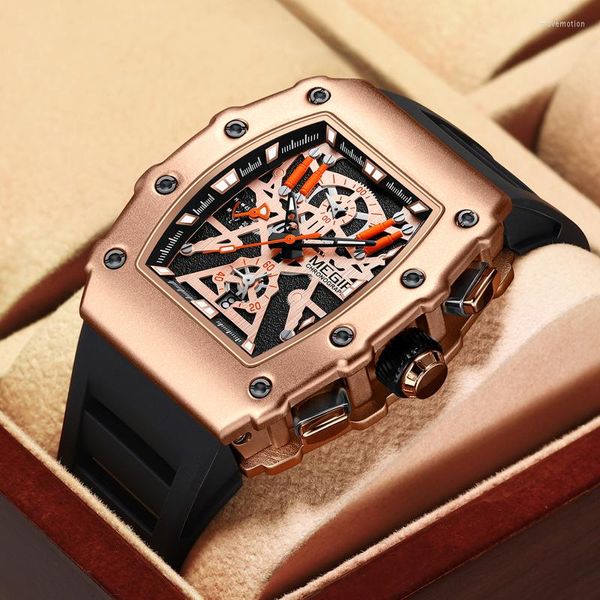 Нарученные часы Megir Sports Уникальные часы Tonneau Quartz с большими циферблатами повседневные силиконовые полосы Luminous Relogio Masculino