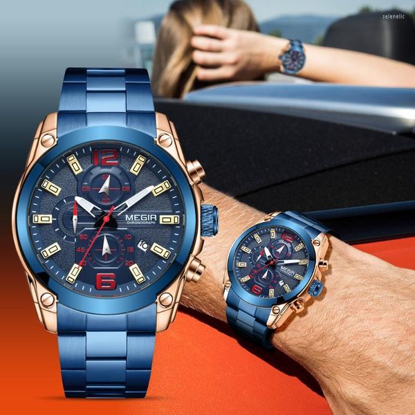Relógios de pulso megir 2023 homens de negócios assistem azul aço inoxidável de aço cronógrafo exército quartzo militar relógios relógios