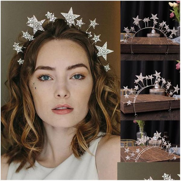 Jóias de cabelo na moda Sier Color Tiaras and Crowns Stars Princesa Queen Diadems Acessórios de noiva Bandas de cabelo Delive Delive Dhgarden Dhdmr