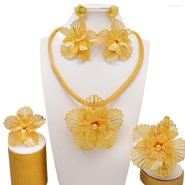 Halskette Ohrringe Set Dubai 24K Gold Farbe Schmuck Rose Blume Design Armband Für Frauen Hochzeit Party Braut Ring