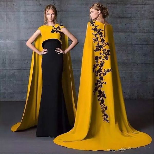 Luxuriöses muslimisches Saudi-Arabisches Abendkleid Gelbe formelle Kleider Abendgarderobe mit Umhang 2023 Satin-Applikationen-Frauen-Abschlussballkleid lang