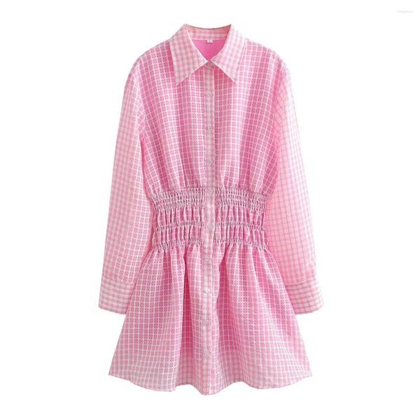 Casual Kleider Frauen 2023 Quadrat Kragen Lange Ärmel Frühling Rosa Kleid Urlaub Hohe Taille Rüschen Mini A-linie Rüschen Vestido