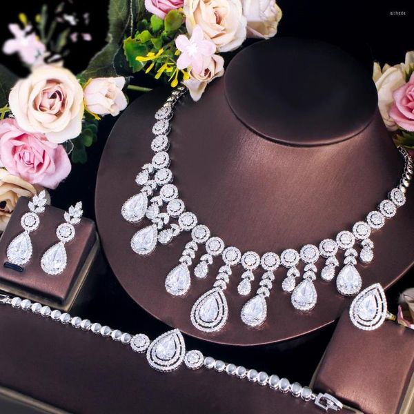 Collana Orecchini Set CWWZircons Clear White CZ Pavimentato Ciondola Nappa Goccia d'acqua Donna Chunky Big Costume per spose Wedding T711