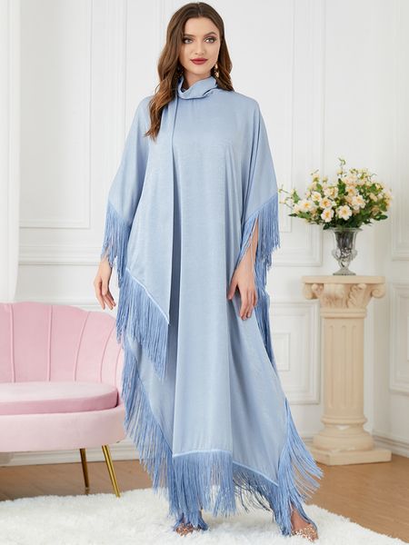 QNPQYX Абая мусульманское женское платье с кисточками и рукавами «летучая мышь», водолазка, повседневное свободное свободное платье больших размеров с неровным подолом, марокканский кафтан Рамадан