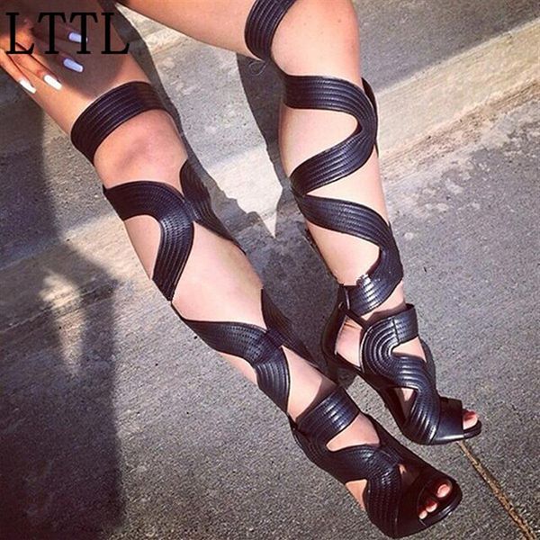 New Sexy Strappy Lace-Up Gladiator Sandals Fashion Cut-Outs Thigh High Shoes Open Toe Super High Heels Boots Sandals Woman265Q