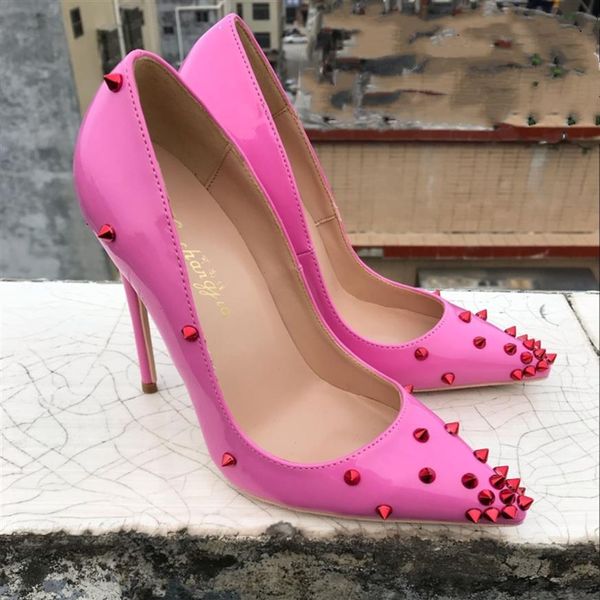 2018 Euramerican new sexy rivetto in pelle rosa rosa a punta scarpe tacco alto scarpe basse scarpe piccole 2666