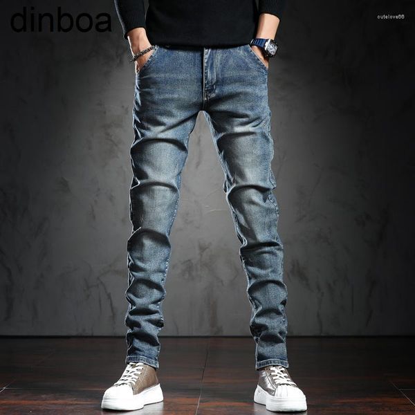 Jeans masculinos DinBoa-2023 Moda de rua da moda Y2K High Quality Color Blue Slim Fit Ripped calça jeans Hip Hop