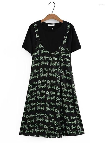 Plus Size Dresses Damenkleid, genähtes, dünnes Rundhals-Kurzarm-T-Shirt mit Buchstabenmuster-Hosenträger