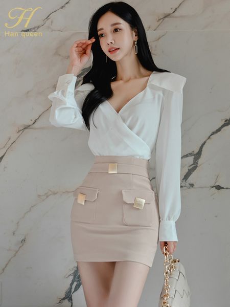 Zweiteiliges Kleid H Han Queen Damen Frühling Casual 2-teiliges Set Vintage Weiß V-Ausschnitt Tops Bleistiftrock Koreanische Eleganz Einfache Röcke Anzüge 230512