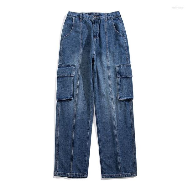 Jeans masculinos Legas de trabalho de pernas largas Denim Street Hip Hop Big Pocket Loose Straight Unissex Retro Pants Baggy