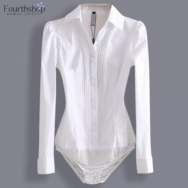 Camisa 2023 Moda Bodysuit de manga longa Mulheres Camisa do corpo Office Lady Trabalho uniformes da primavera Blouses Brancos e Tops Roupos Slim Autumn Roupas