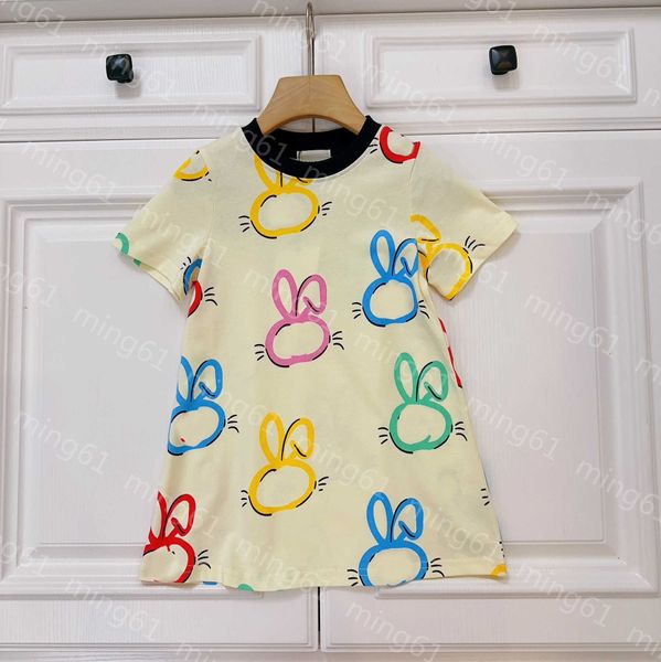 23ss girls Dress Abiti da principessa abito estivo per bambini abiti firmati Girocollo Puro cotone Colore stampa coniglio Gonne a maniche corte Abbigliamento per bambini di alta qualità