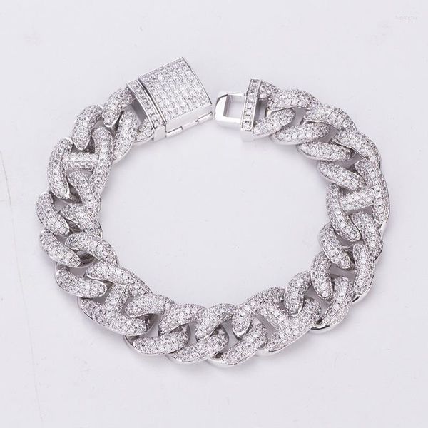 Braccialetti di collegamento 15mm Hip Hop Micro pavé di zirconi cubici Bling Iced Out Round Cuban Miami Chain Bangle Bracciale per uomo Gioielli Rapper