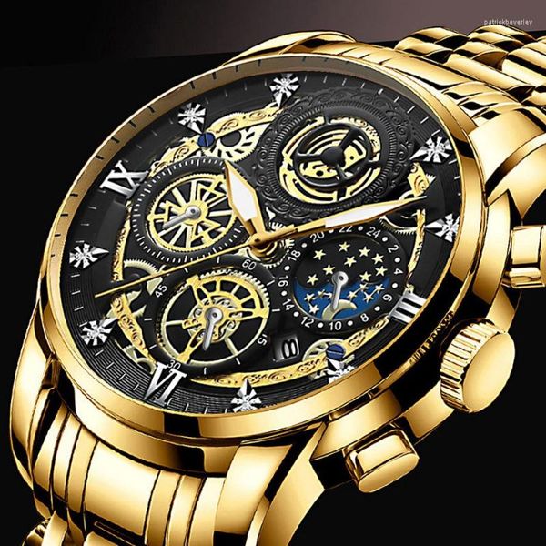 Orologi da polso Calendario 2023 Orologio moda uomo Volano cavo strass impermeabile sole luna e stelle quarzo